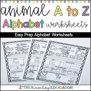 alphabet review worksheets with an animal theme