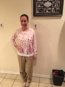 A picture of a teacher dressed in older clothes for the 100th day of school