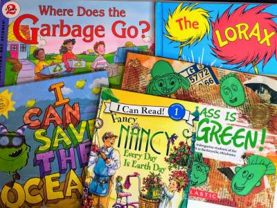 A close up of 5 earth day kids books