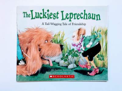 A dog staring at a leprechaun. St. Patrick's Day book called, The Luckiest Leprechaun. 