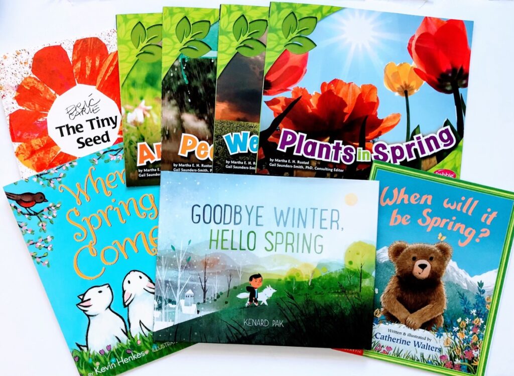 a picture of 5 spring kids books to read to your class