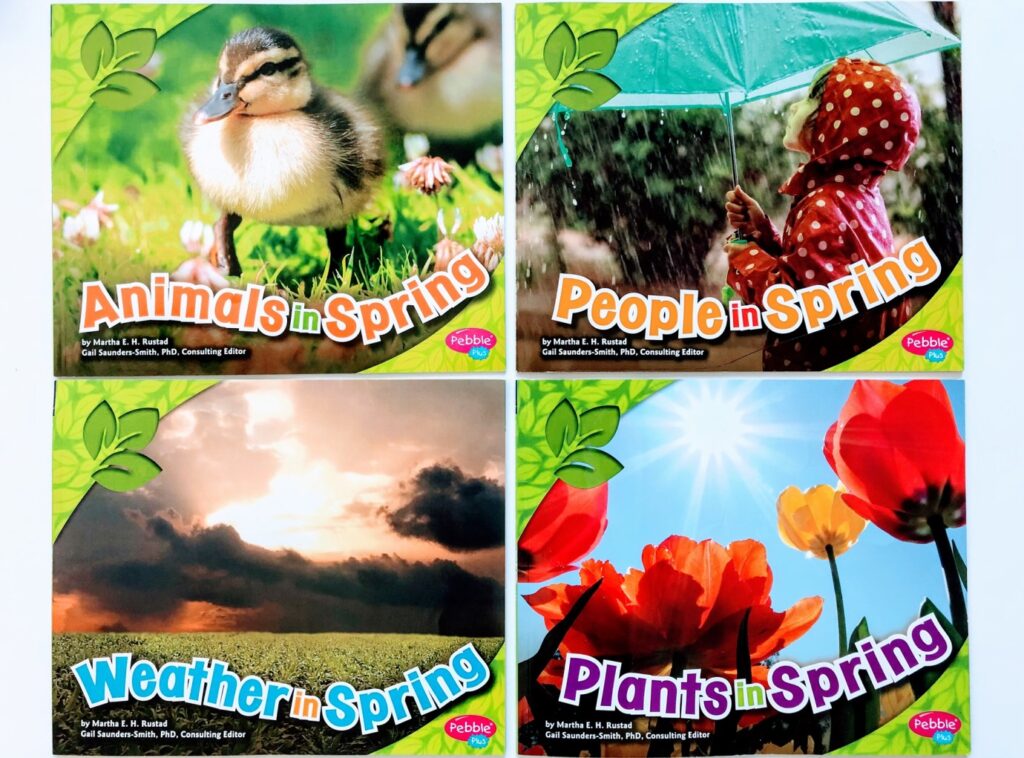 A picture of 4 books, Animals in Spring, People in Spring, Weather in Spring, and Plants in Spring.  