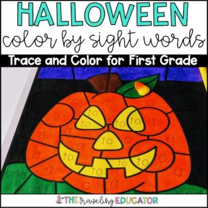 Here's a picture of a Halloween Color by Code activity for first grade.